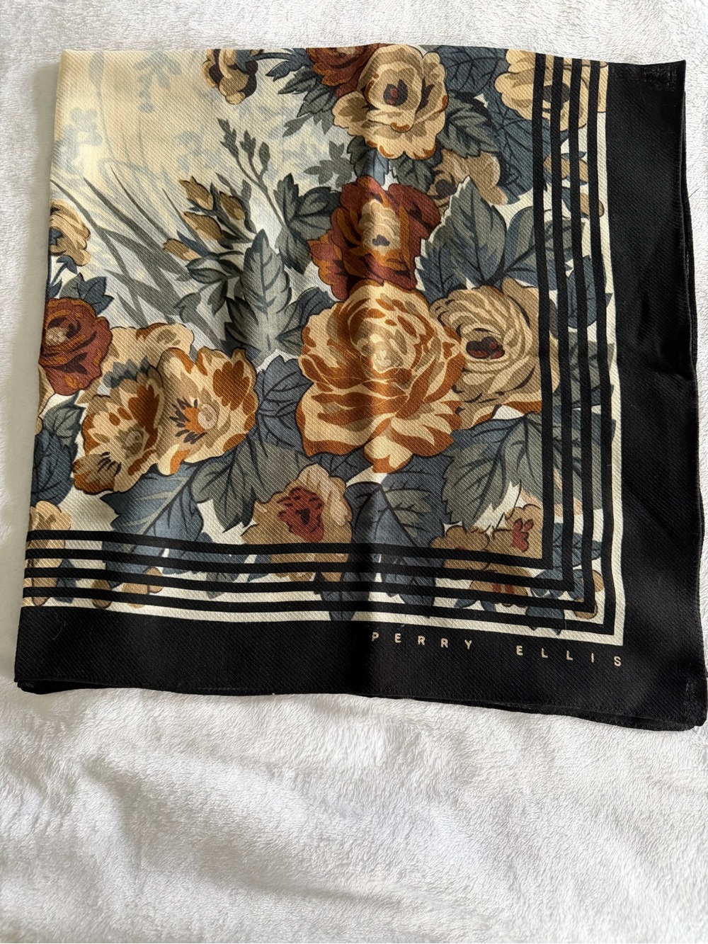 Perry Ellis Floral Silk Scarf in Black, Cream and Tan